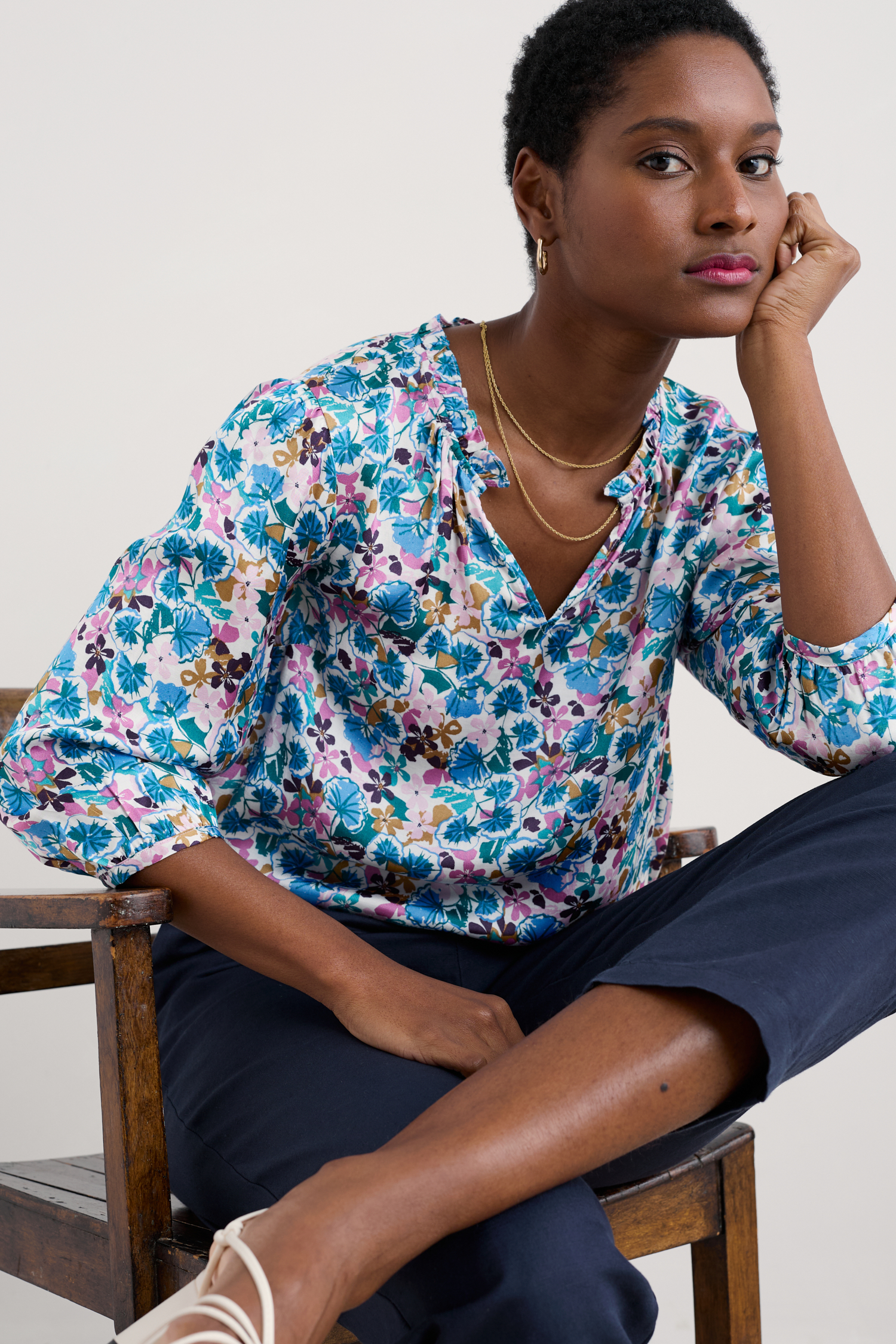 An image of Seasalt  Flower Weave Satin Frill Neck Print Top 